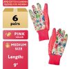 Floral Gardening Gloves for Women, Medium 9" Long, 6 Pairs of Pink Women's Gardening Gloves with Knit Wrist, Bright Print, Delicate Cotton Work Gloves